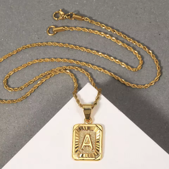 Thick Gold Framed Initial Necklace – Rectangle Pendant, Gold Stainless Steel (A–Z, 3 Lengths)