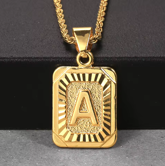 Thick Gold Framed Initial Necklace – Rectangle Pendant, Gold Stainless Steel (A–Z, 3 Lengths)