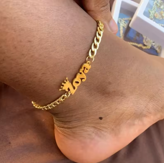 Custom Name Anklet Heart/Crown – Stainless Steel, Waterproof & Tarnish-Free