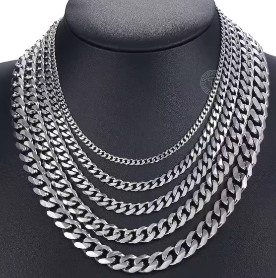 Men’s Cuban Link Chain & Bracelet – Stainless Steel (Gold or Silver, Multiple Widths & Lengths)