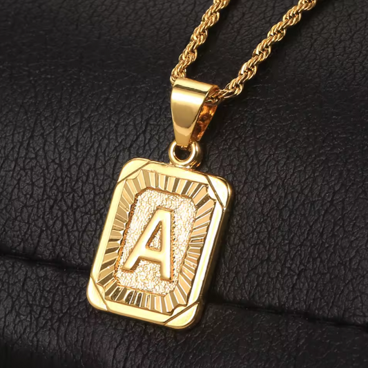 Thick Gold Framed Initial Necklace – Rectangle Pendant, Gold Stainless Steel (A–Z, 3 Lengths)