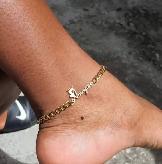 Custom Name Anklet Heart/Crown – Stainless Steel, Waterproof & Tarnish-Free